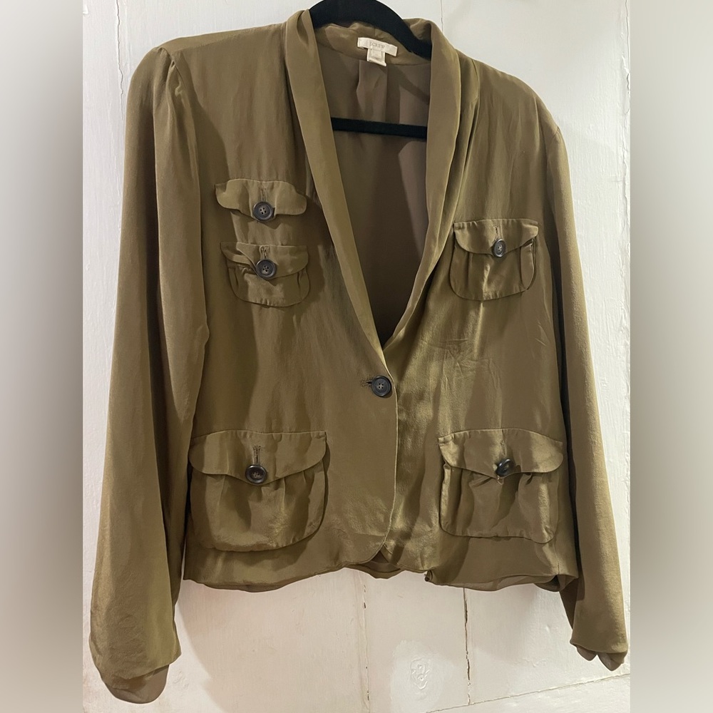 J Crew size 14 blazer military green  100% Silk Suit Career Jacket